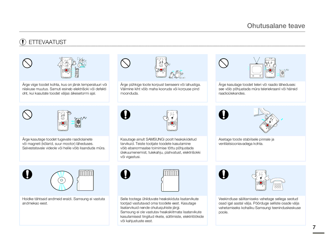 Samsung HMX-W200TP/EDC manual Ohutusalane teave 