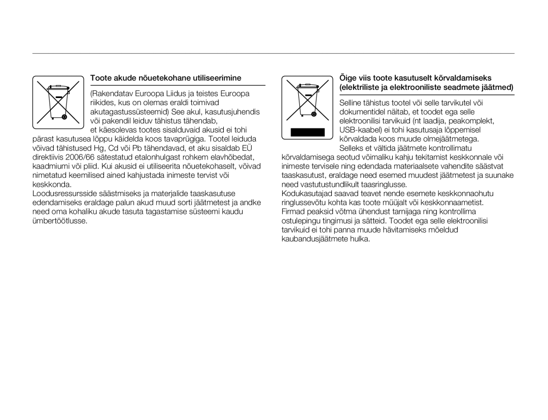 Samsung HMX-W200TP/EDC manual Toote akude nõuetekohane utiliseerimine 