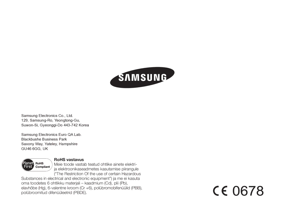 Samsung HMX-W200TP/EDC manual RoHS vastavus, Meie toode vastab teatud ohtlike ainete elektri 