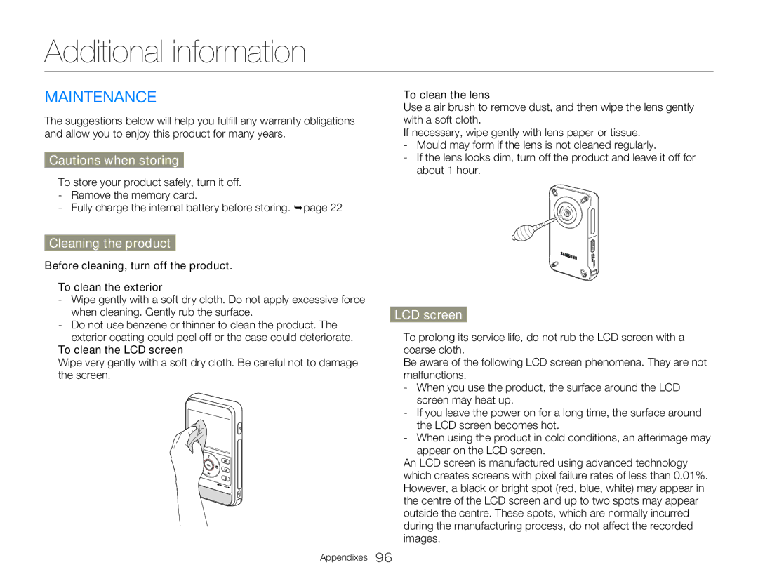 Samsung HMX-W300BP user manual Additional information, Maintenance, Cleaning the product, LCD screen 