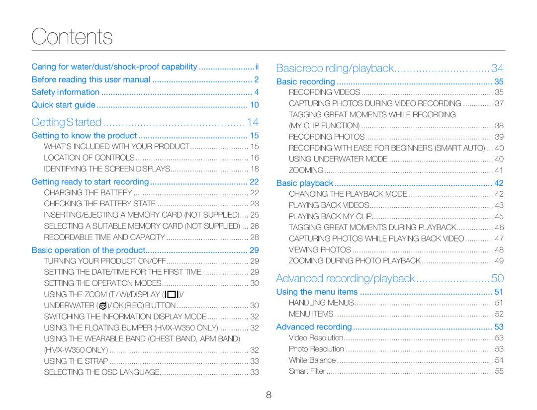 Samsung HMX-W300BP user manual Contents 