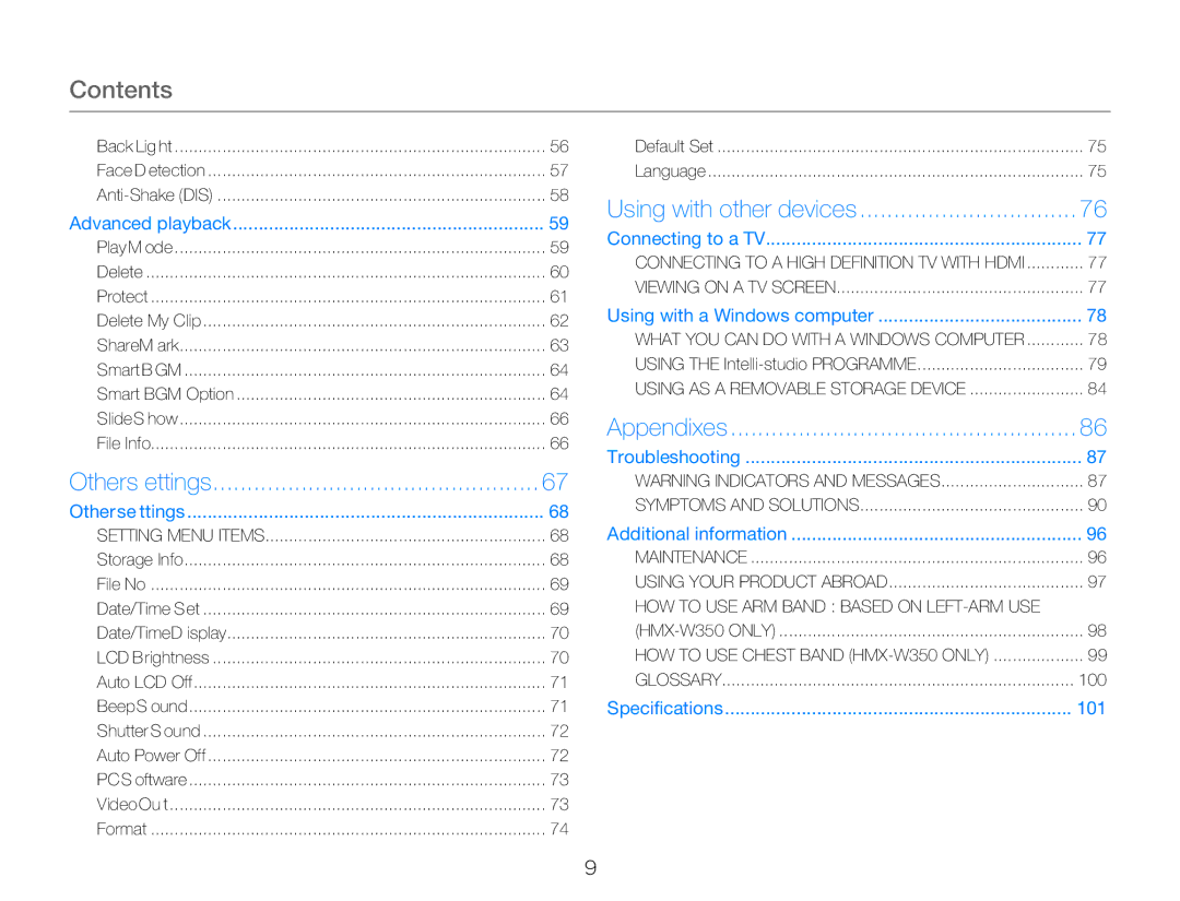 Samsung HMX-W300BP user manual Contents 