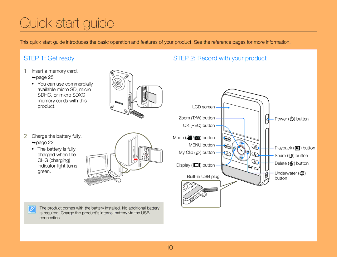 Samsung HMX-W300BP user manual Quick start guide, Get ready 