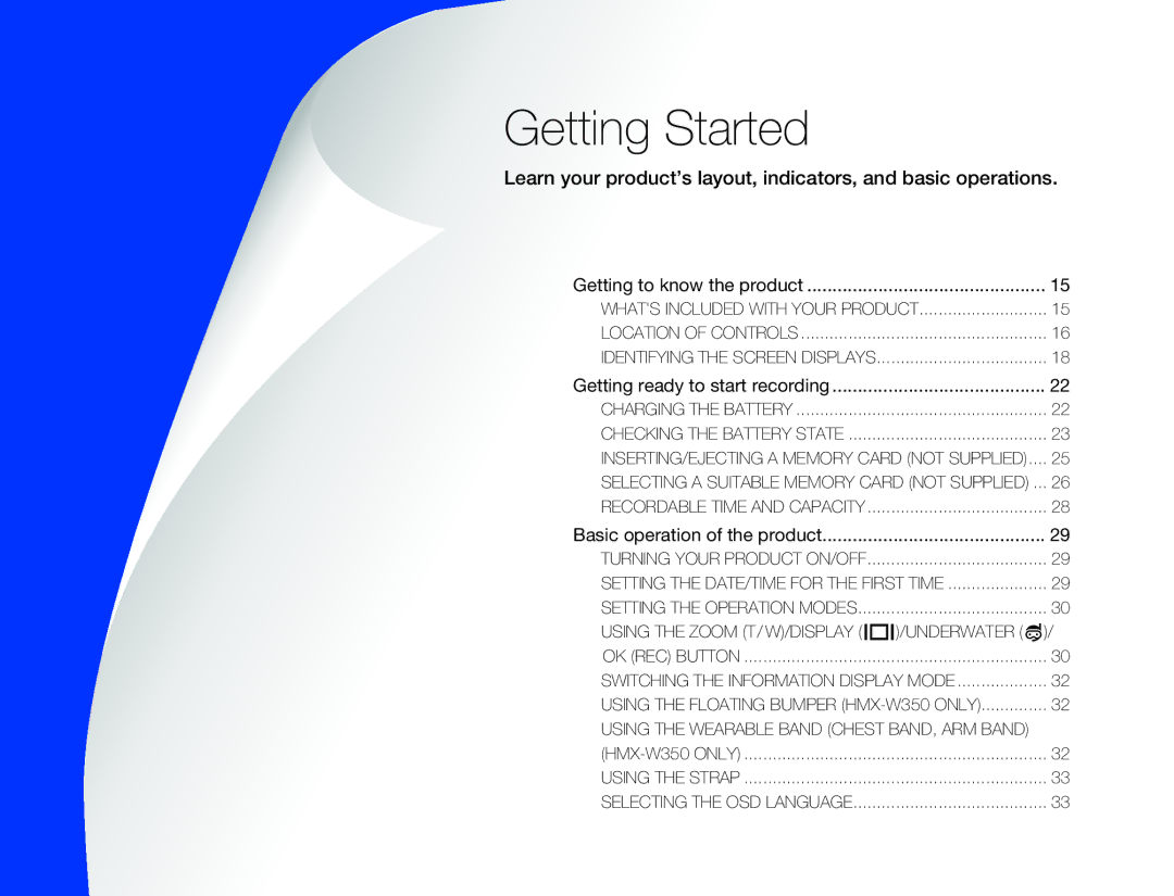 Samsung HMX-W300BP user manual Getting Started, Underwater 