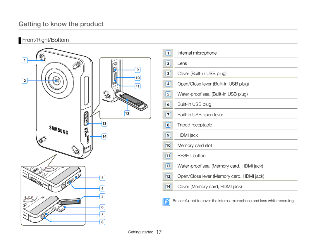 Samsung HMX-W300BP user manual Front/Right/Bottom 