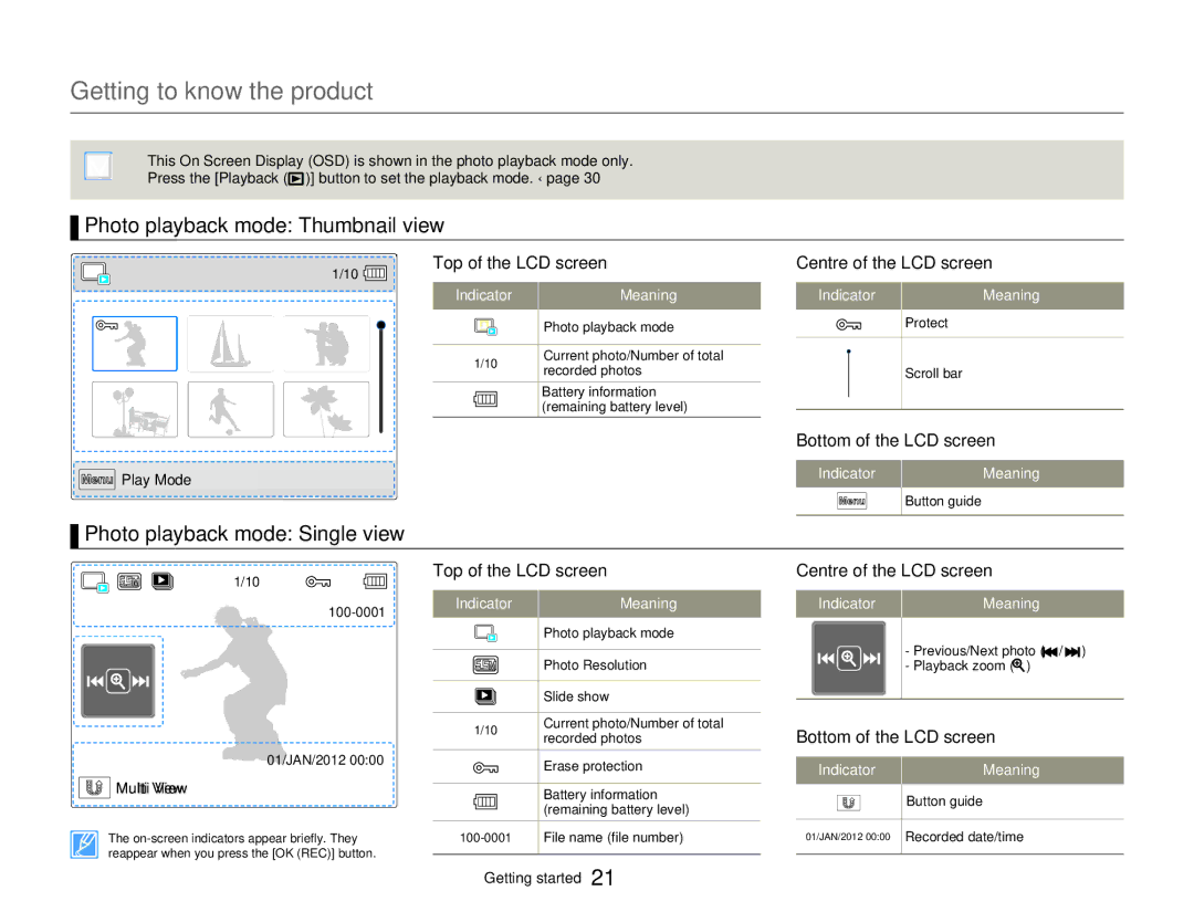 Samsung HMX-W300BP user manual Photo playback mode Thumbnail view, Photo playback mode Single view 