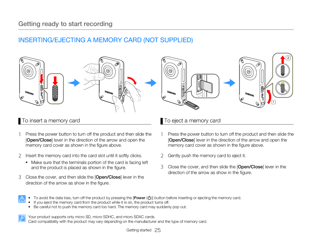 Samsung HMX-W300BP INSERTING/EJECTING a Memory Card not Supplied, To insert a memory card To eject a memory card 