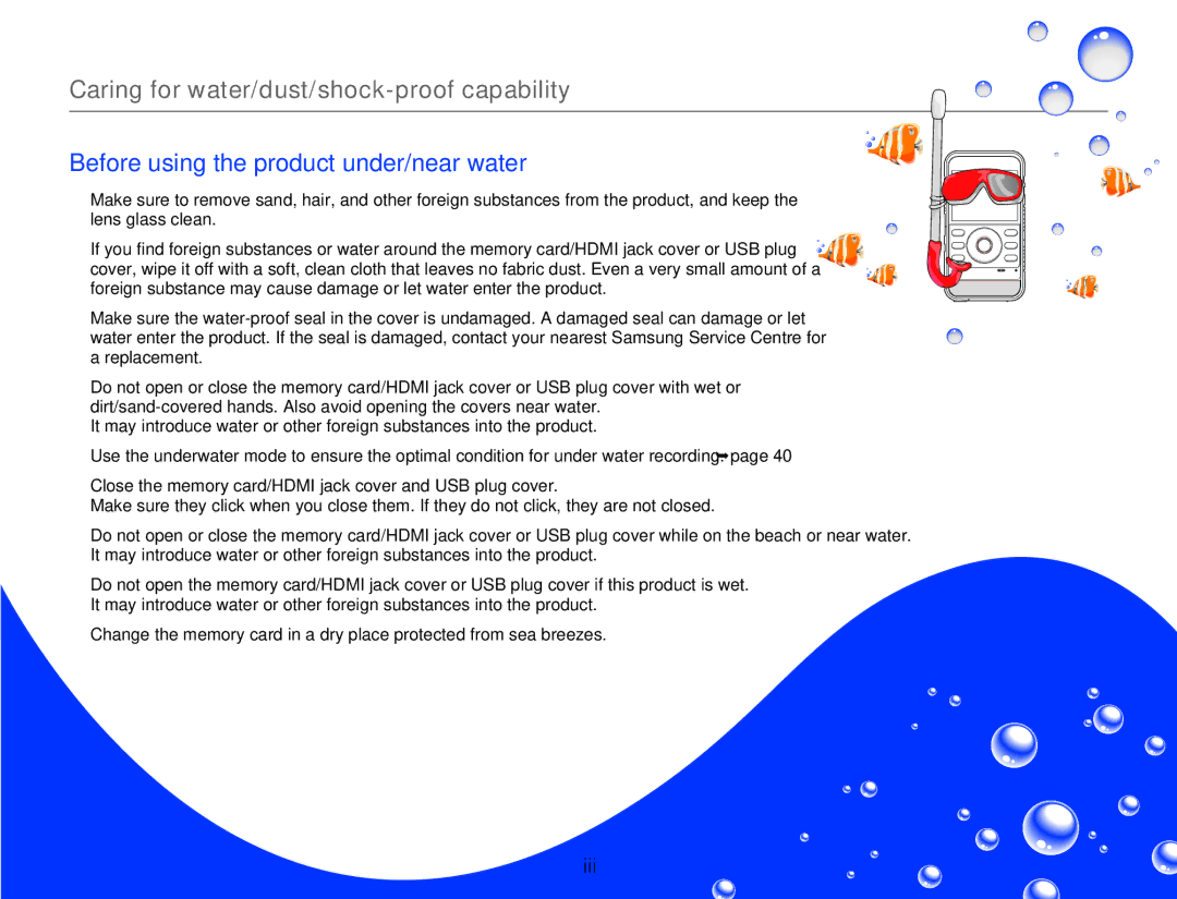 Samsung HMX-W300BP user manual Caring for water/dust/shock-proof capability 