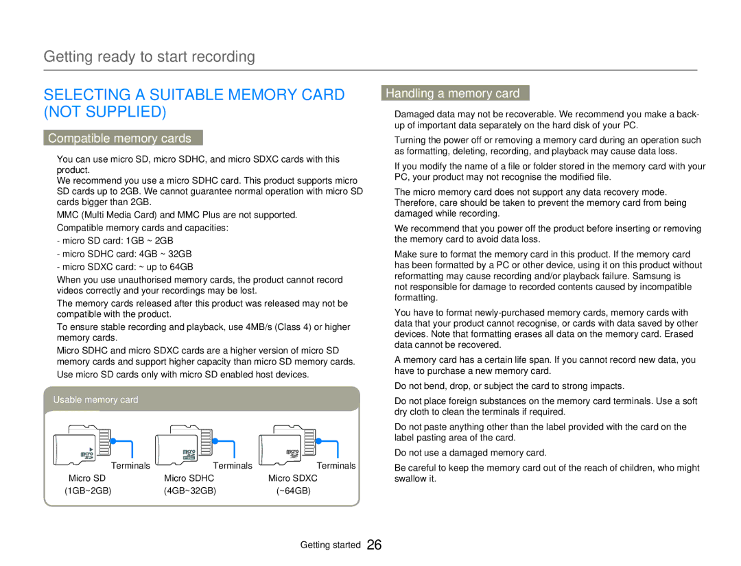 Samsung HMX-W300BP Selecting a Suitable Memory Card not Supplied, Handling a memory card, Compatible memory cards 