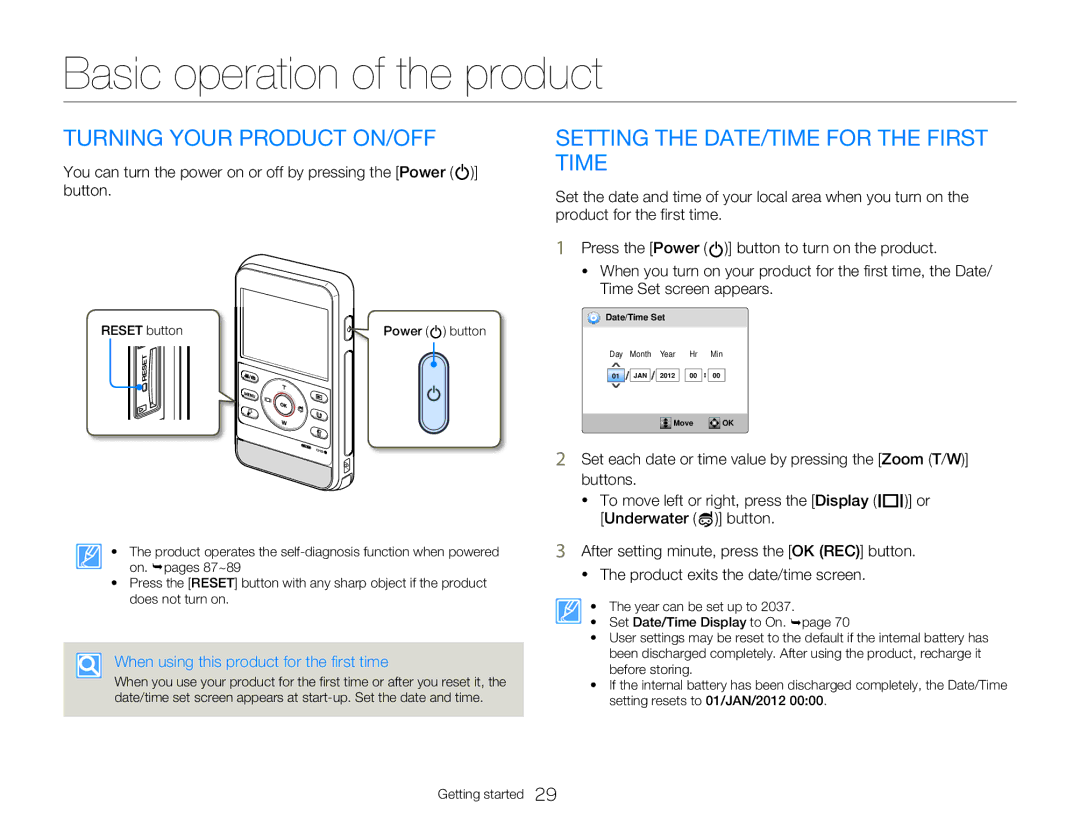 Samsung HMX-W300BP Basic operation of the product, Turning Your Product ON/OFF, Setting the DATE/TIME for the First Time 