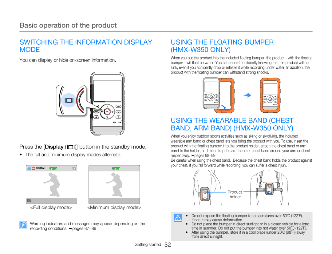 Samsung HMX-W300BP user manual Switching the Information Display Mode, Using the Floating Bumper HMX-W350 only 