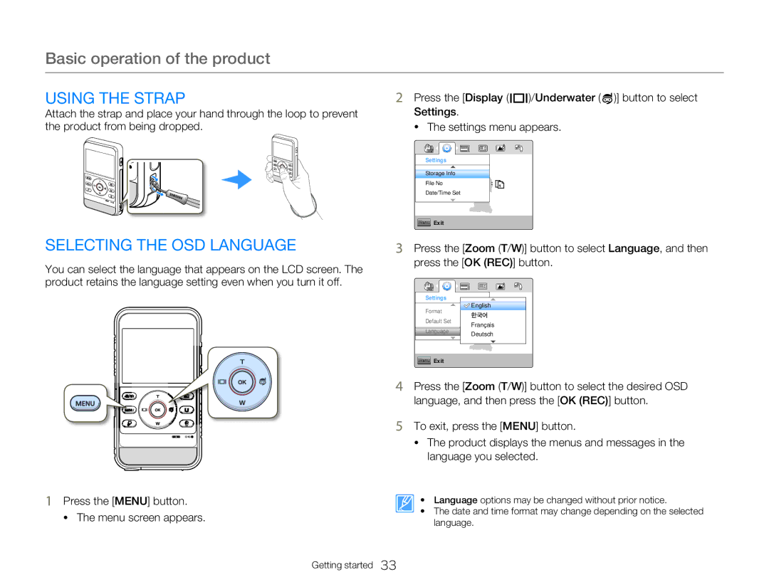 Samsung HMX-W300BP user manual Using the Strap, Selecting the OSD Language, Press the Menu button Menu screen appears 