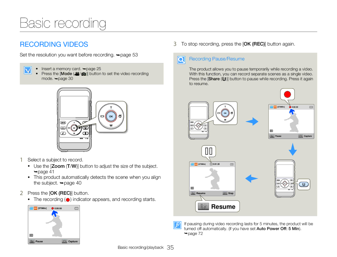 Samsung HMX-W300BP user manual Basic recording, Recording Videos, Set the resolution you want before recording. ¬page 