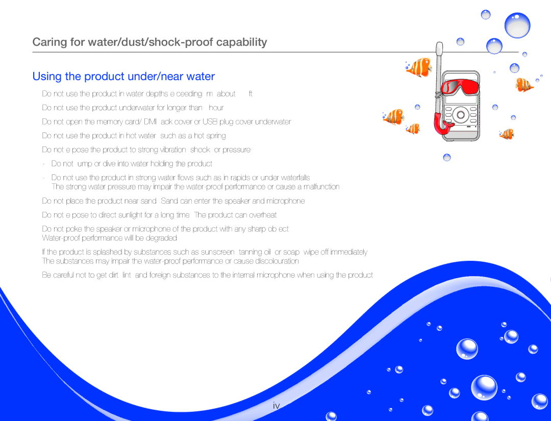 Samsung HMX-W300BP user manual Using the product under/near water 