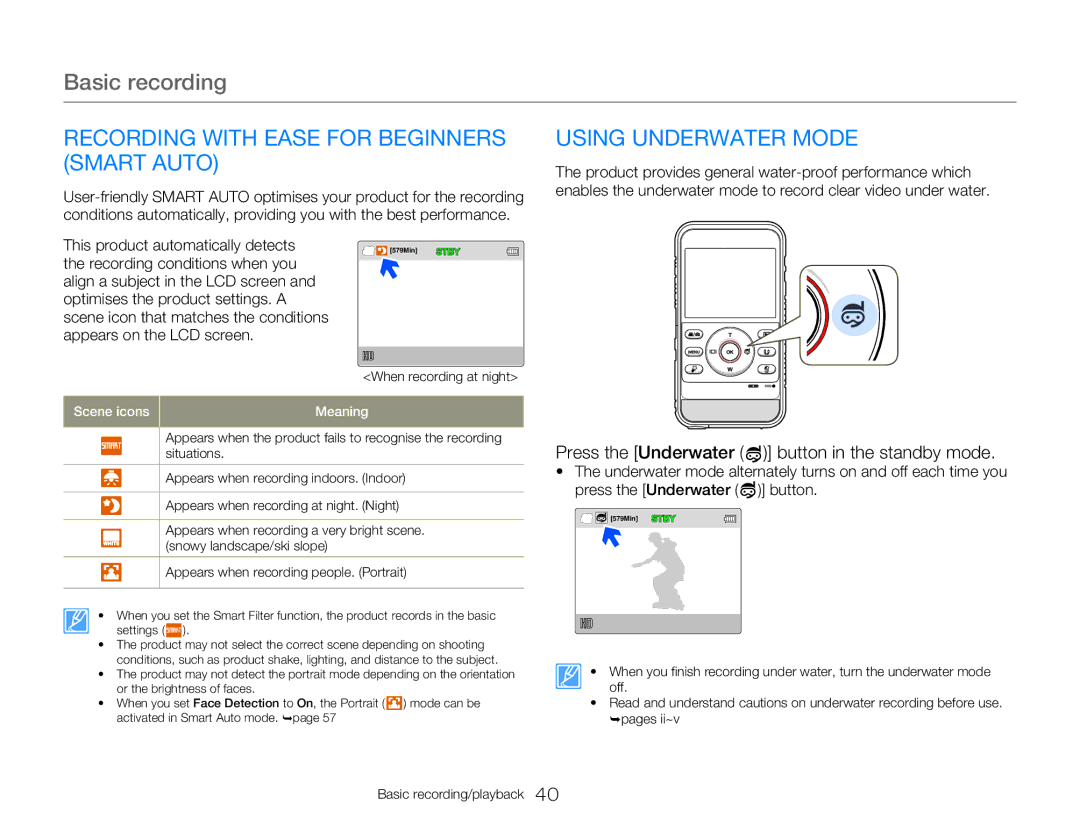 Samsung HMX-W300BP Recording with Ease for Beginners Smart Auto, Using Underwater Mode, This product automatically detects 