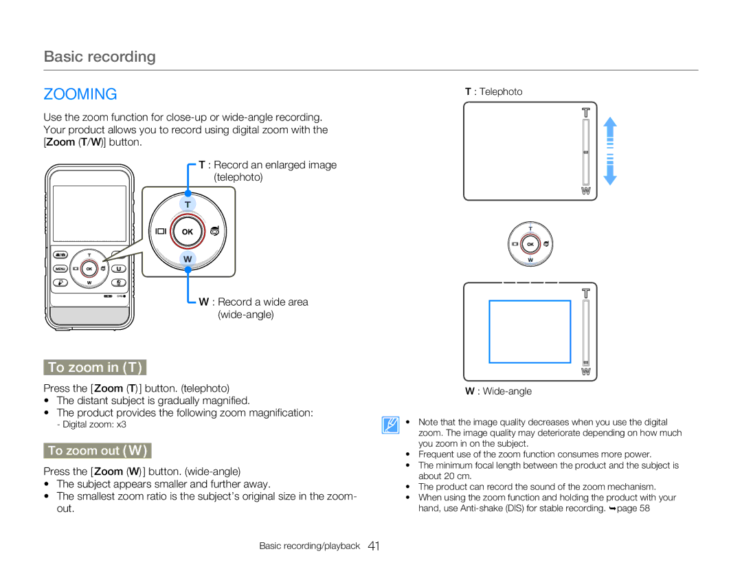 Samsung HMX-W300BP user manual Zooming, To zoom out W, Wide-angle 