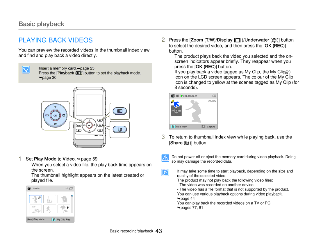 Samsung HMX-W300BP user manual Basic playback, Playing Back Videos 