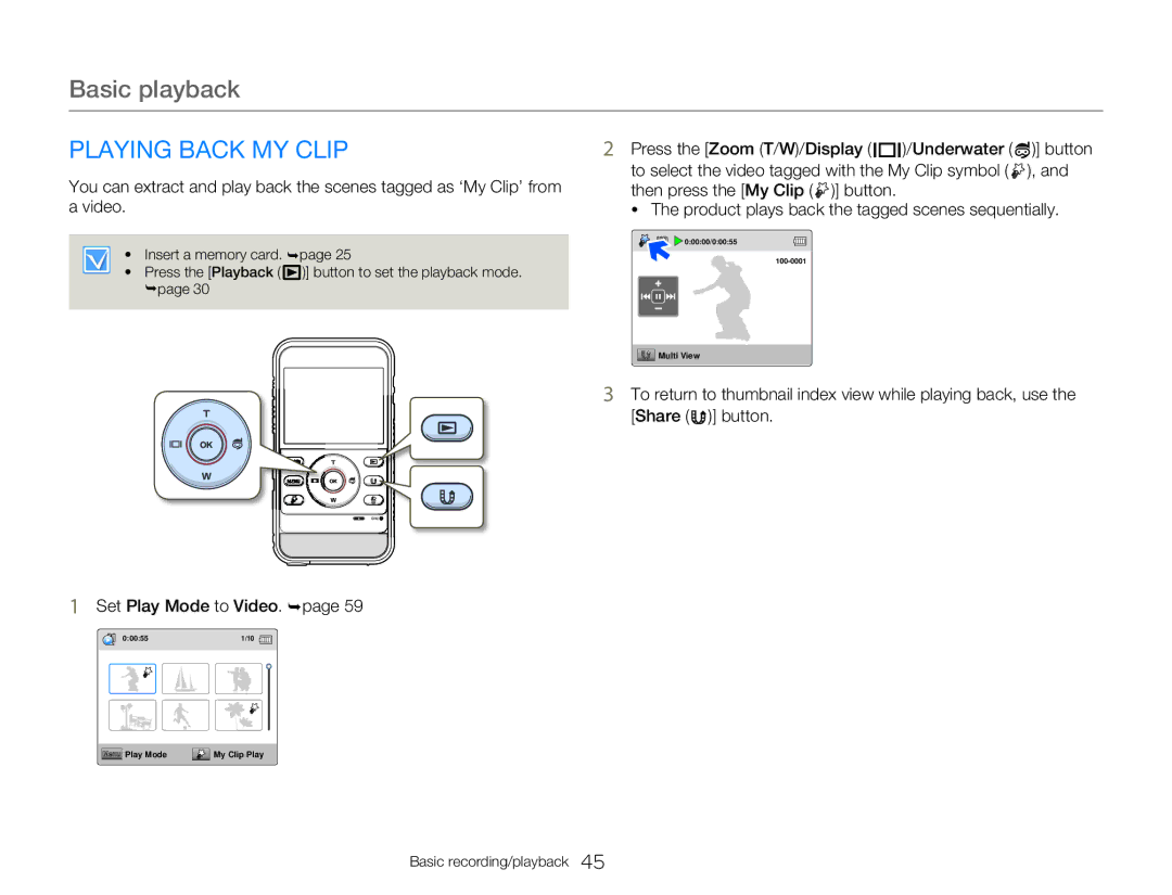 Samsung HMX-W300BP user manual Playing Back MY Clip, Set Play Mode to Video. ¬page 