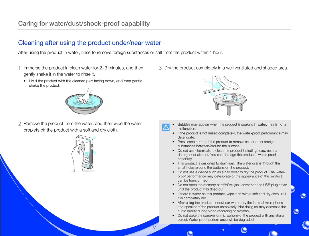 Samsung HMX-W300BP user manual Cleaning after using the product under/near water 