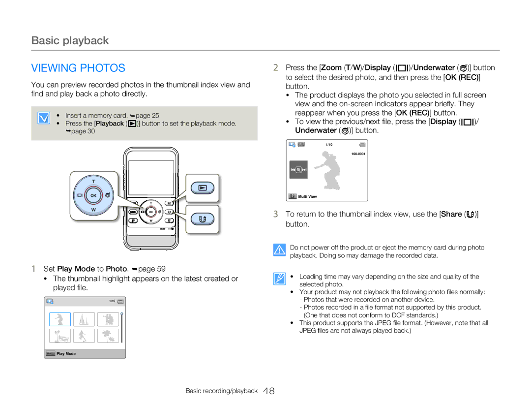 Samsung HMX-W300BP user manual Viewing Photos, To return to the thumbnail index view, use the Share button 