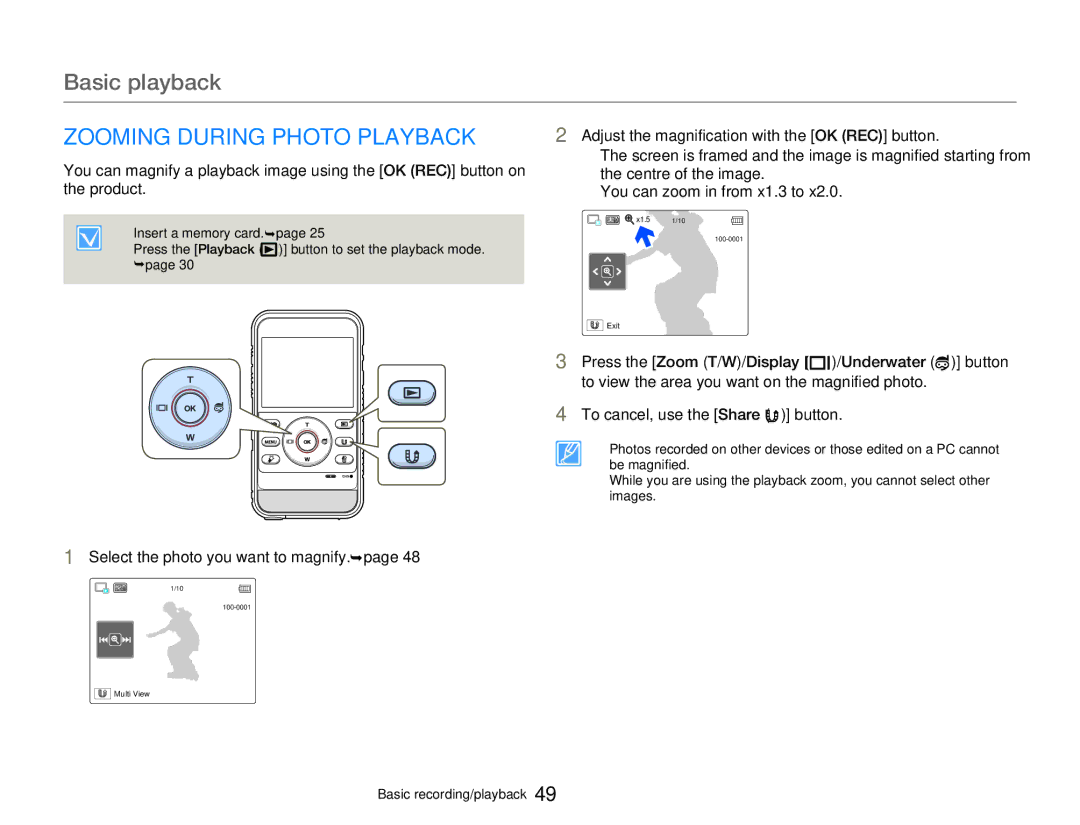 Samsung HMX-W300BP user manual Zooming During Photo Playback 