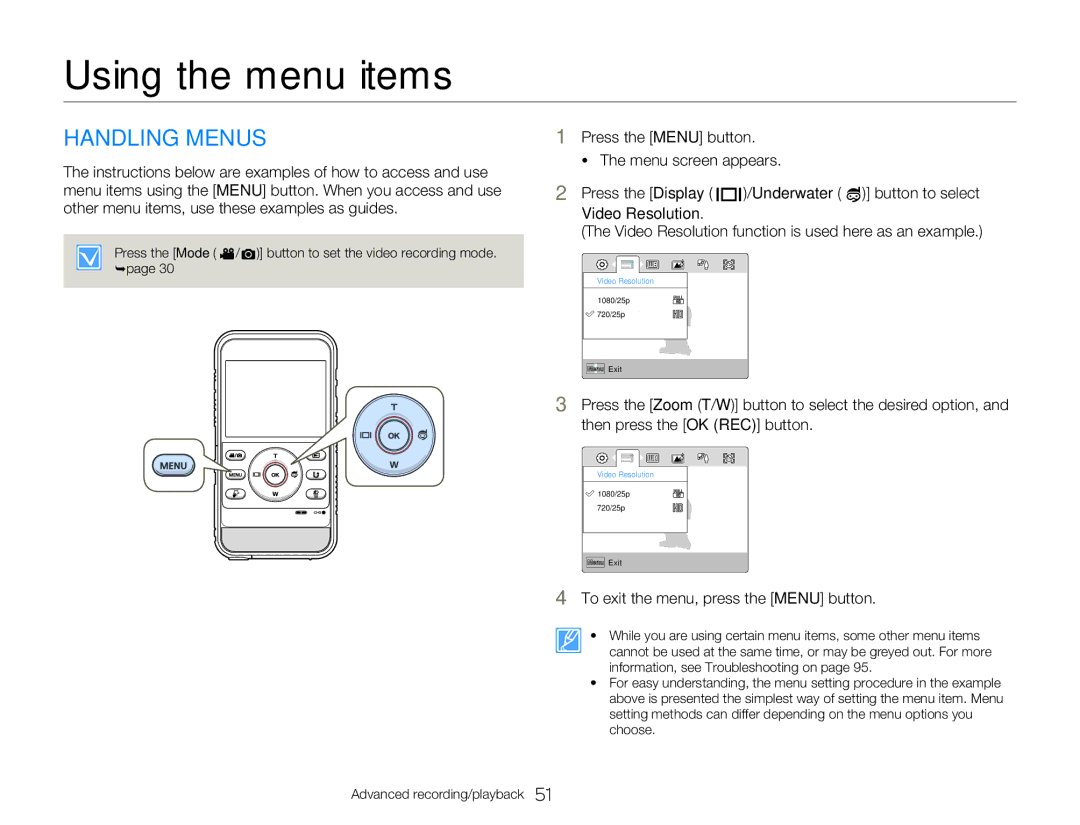 Samsung HMX-W300BP user manual Using the menu items, Handling Menus, To exit the menu, press the Menu button 