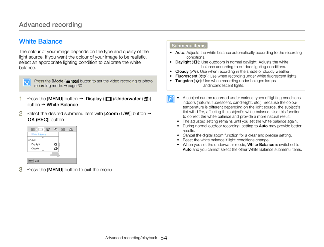 Samsung HMX-W300BP user manual Advanced recording, White Balance 