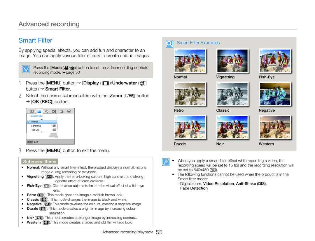 Samsung HMX-W300BP user manual Smart Filter Examples 