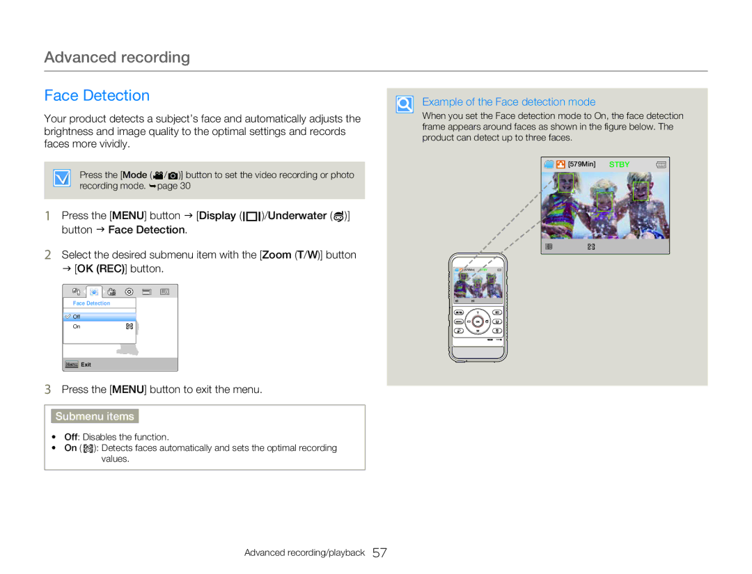 Samsung HMX-W300BP user manual Face Detection, Example of the Face detection mode 