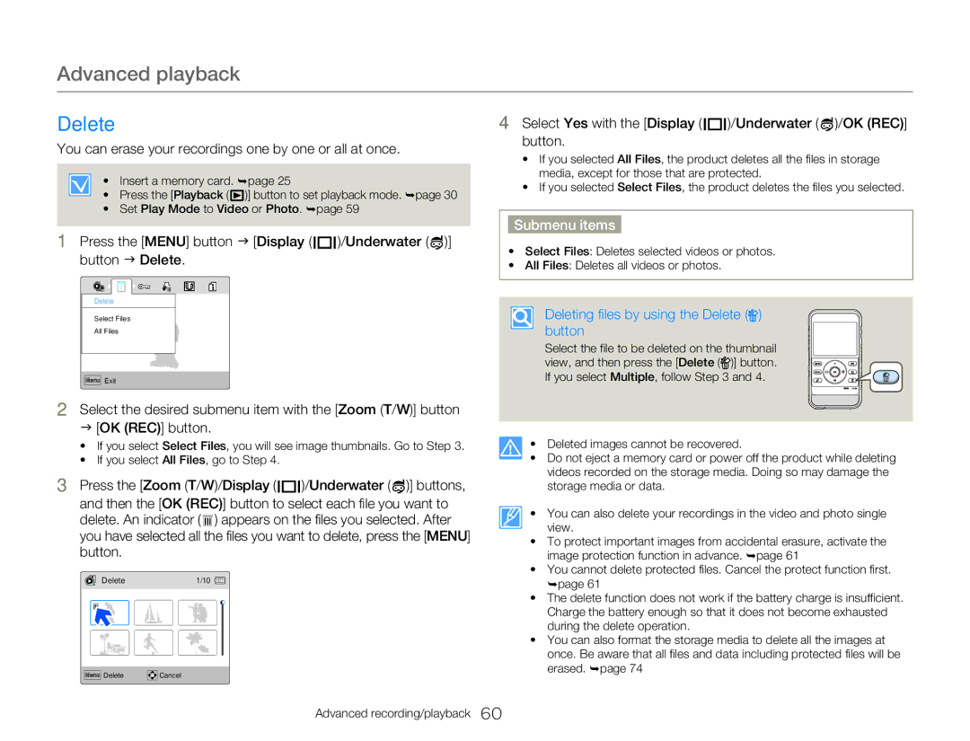 Samsung HMX-W300BP user manual Advanced playback, Deleting files by using the Delete button 