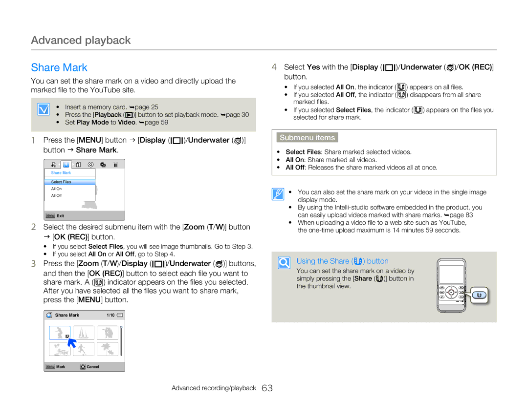 Samsung HMX-W300BP user manual Share Mark, Marked file to the YouTube site, Using the Share button 