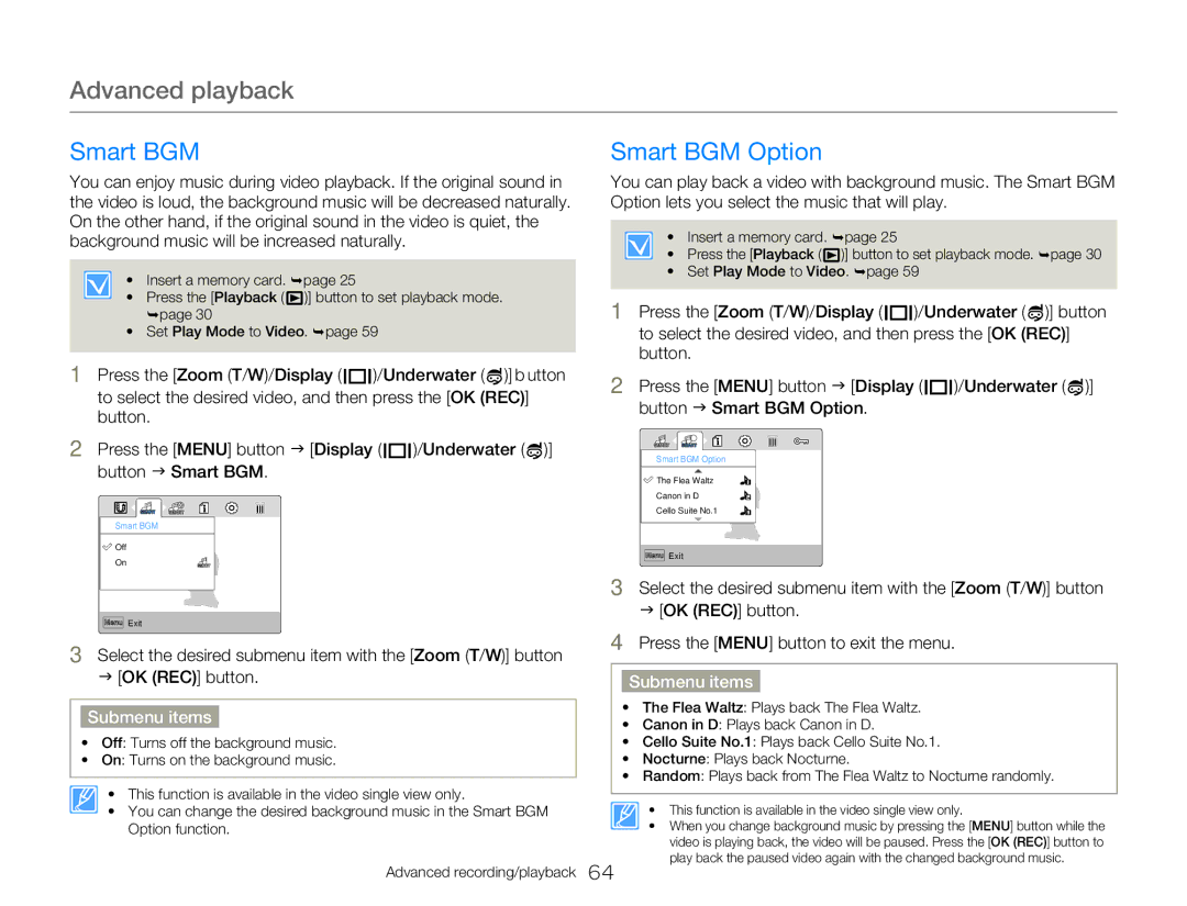 Samsung HMX-W300BP user manual Smart BGM Option 