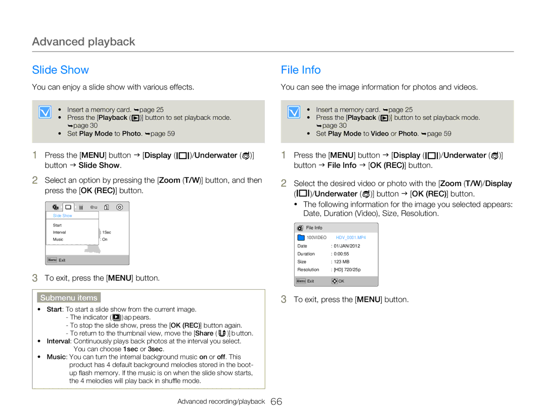 Samsung HMX-W300BP user manual Slide Show File Info, You can enjoy a slide show with various effects 