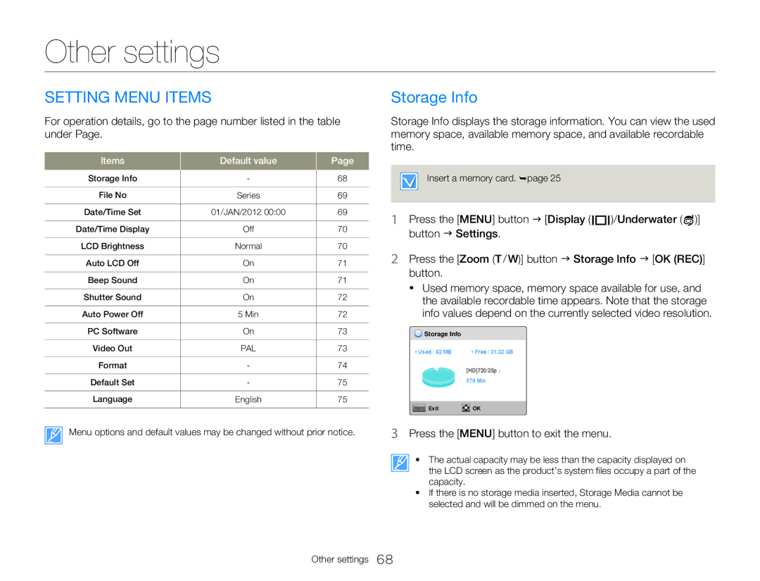 Samsung HMX-W300BP user manual Setting Menu Items, Storage Info, Items Default value 