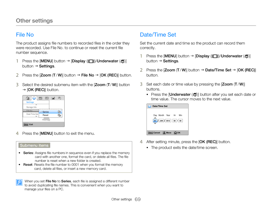 Samsung HMX-W300BP user manual Other settings, File No, Date/Time Set 