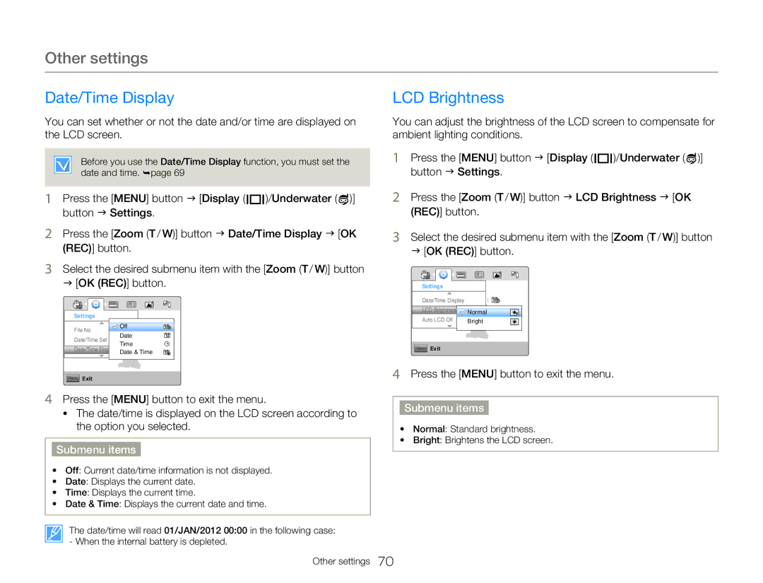 Samsung HMX-W300BP user manual Date/Time Display LCD Brightness 