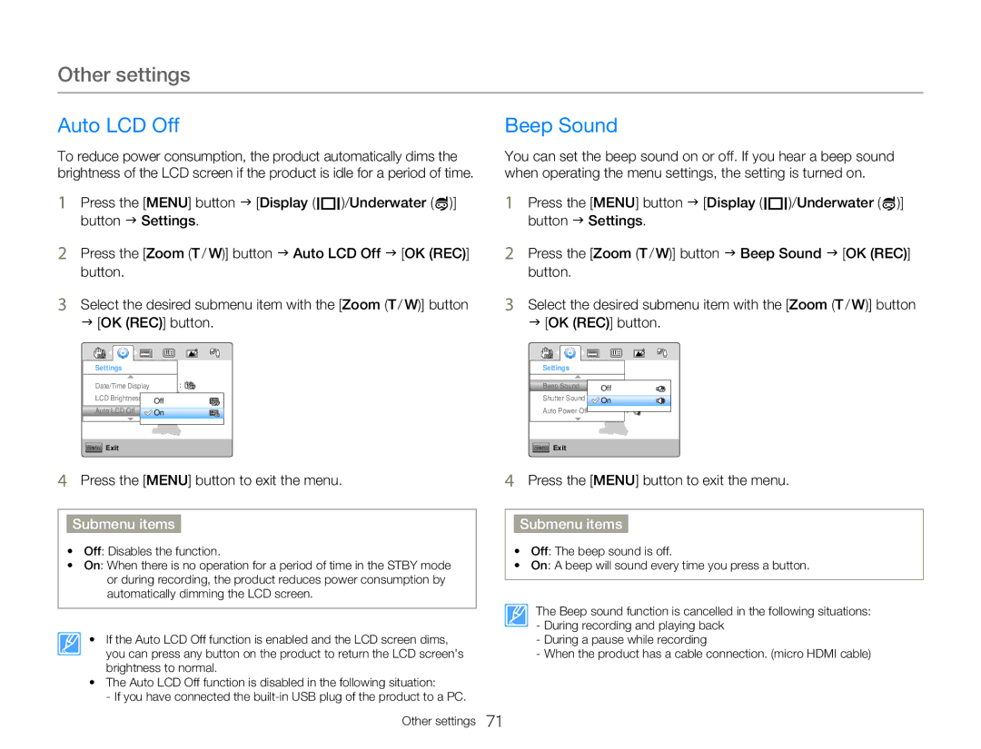 Samsung HMX-W300BP user manual Auto LCD Off, Beep Sound 