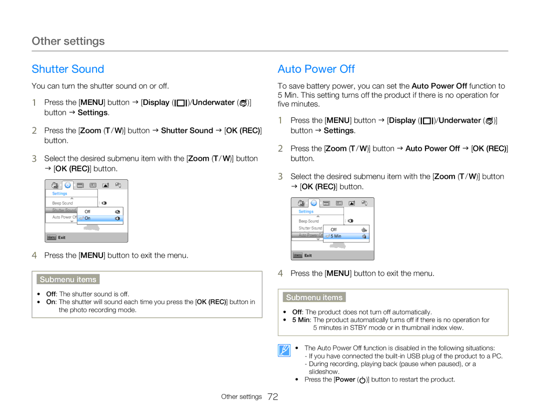 Samsung HMX-W300BP user manual Shutter Sound Auto Power Off 