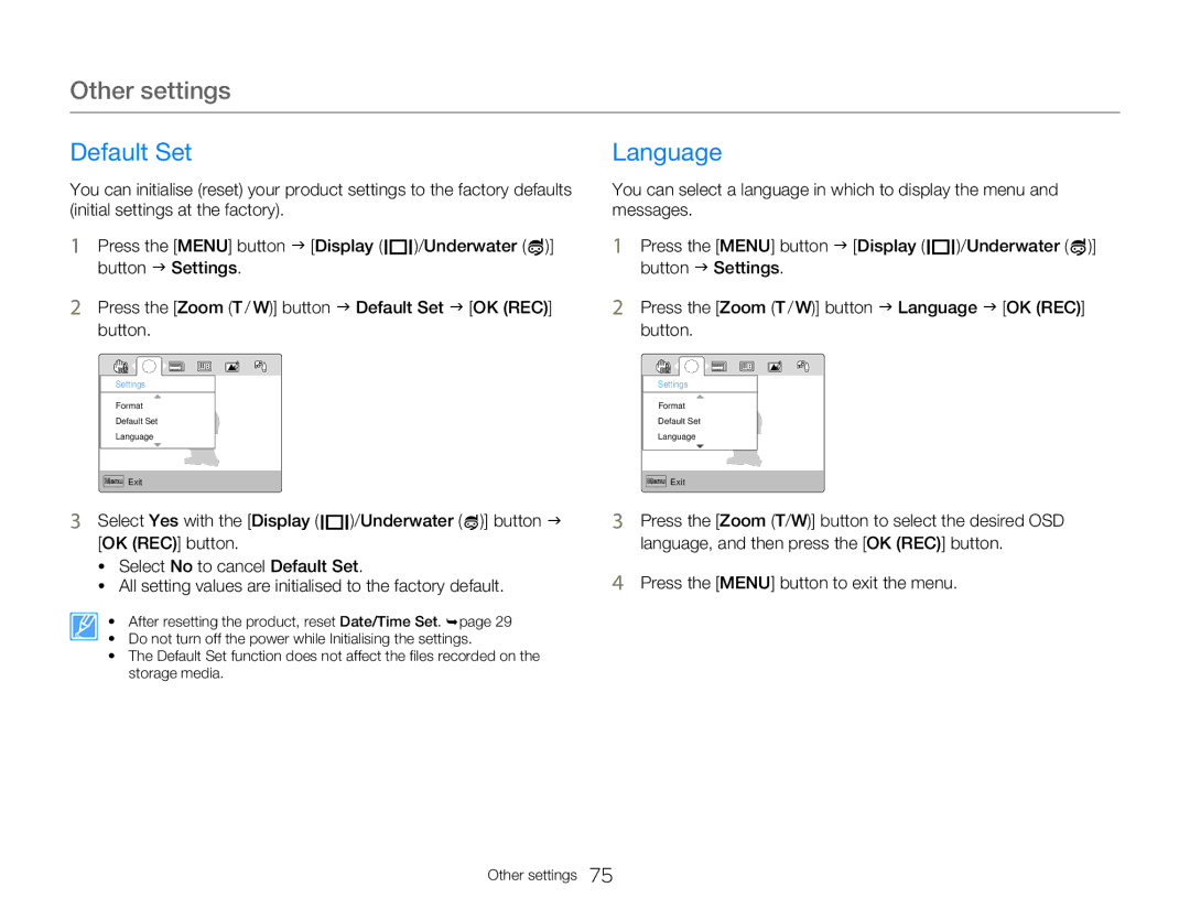 Samsung HMX-W300BP user manual Default Set, Language 