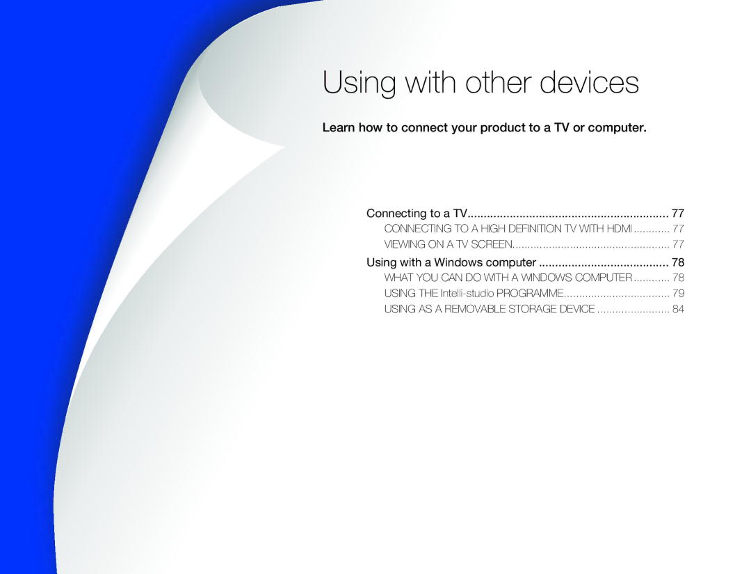 Samsung HMX-W300BP user manual Using with other devices, Learn how to connect your product to a TV or computer 