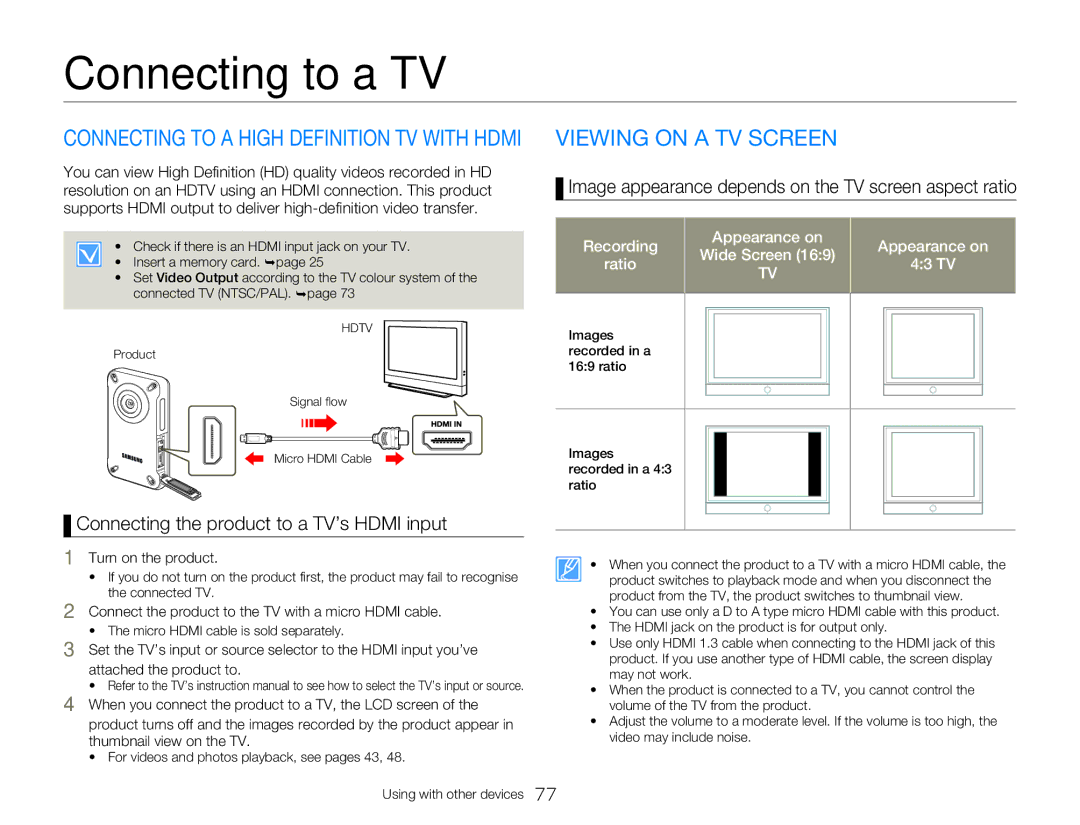 Samsung HMX-W300BP Connecting to a TV, Viewing on a TV Screen, Image appearance depends on the TV screen aspect ratio 