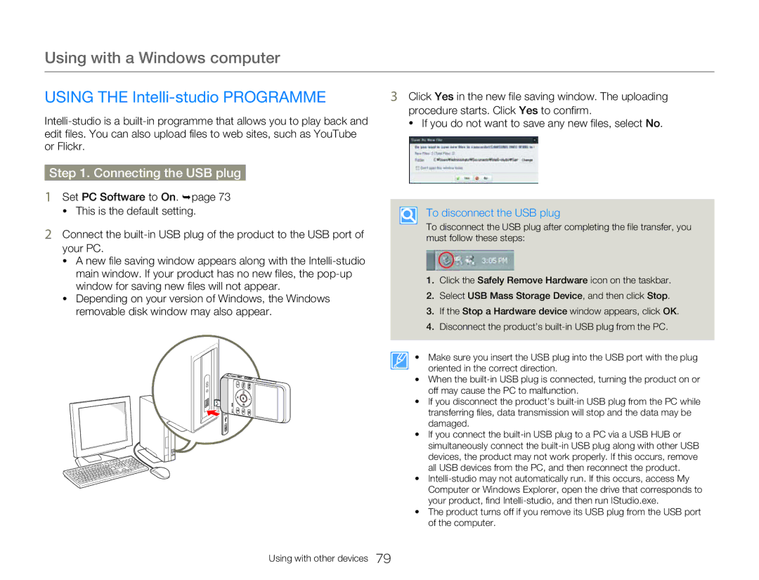 Samsung HMX-W300BP user manual Using with a Windows computer, Using the Intelli-studio Programme, Connecting the USB plug 