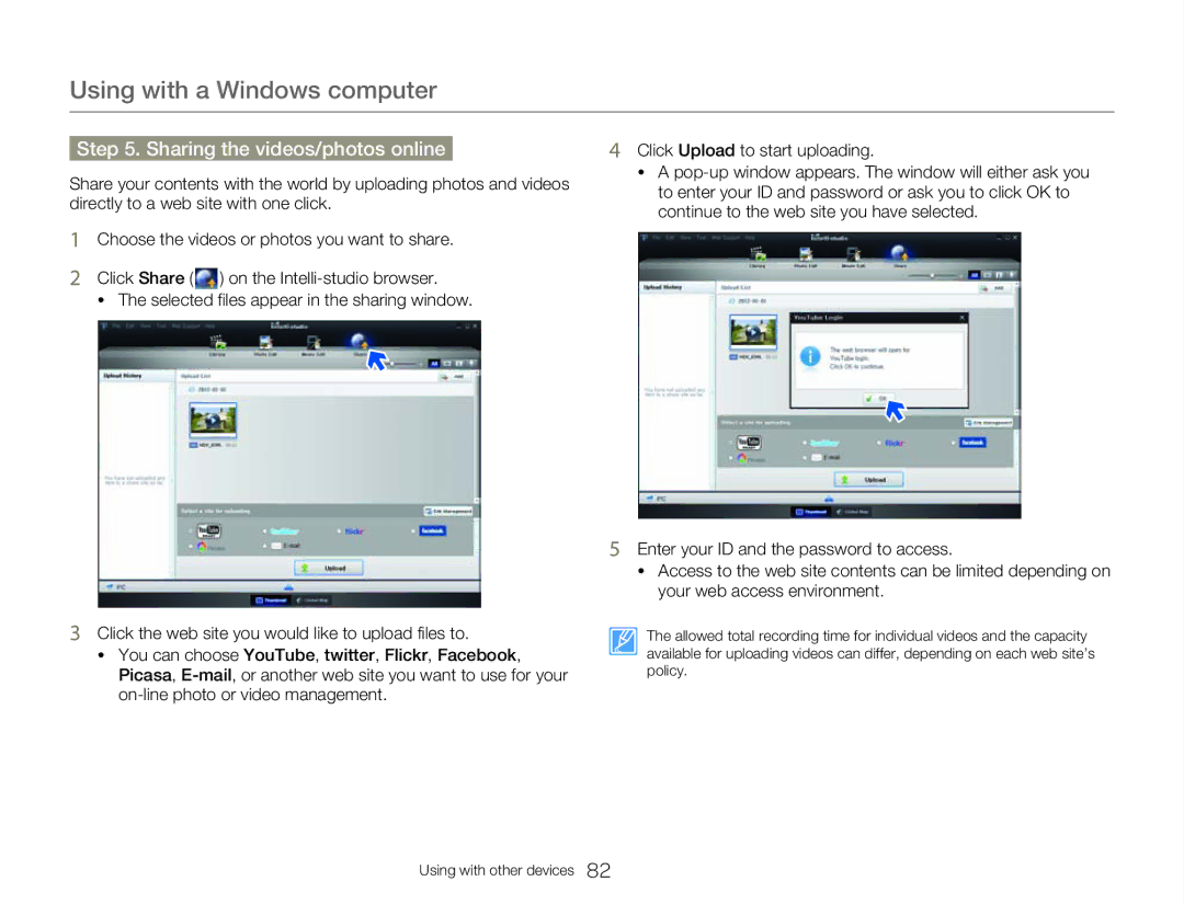 Samsung HMX-W300BP user manual Sharing the videos/photos online 