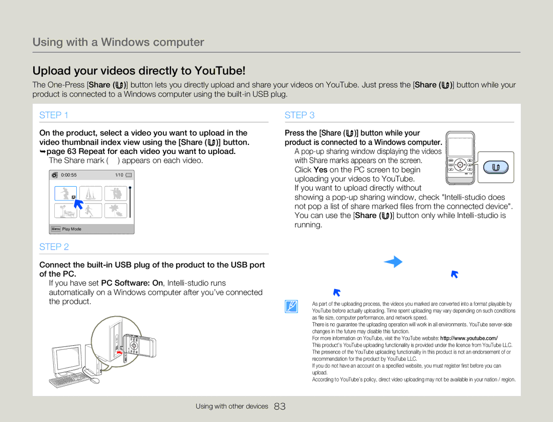 Samsung HMX-W300BP user manual Upload your videos directly to YouTube 