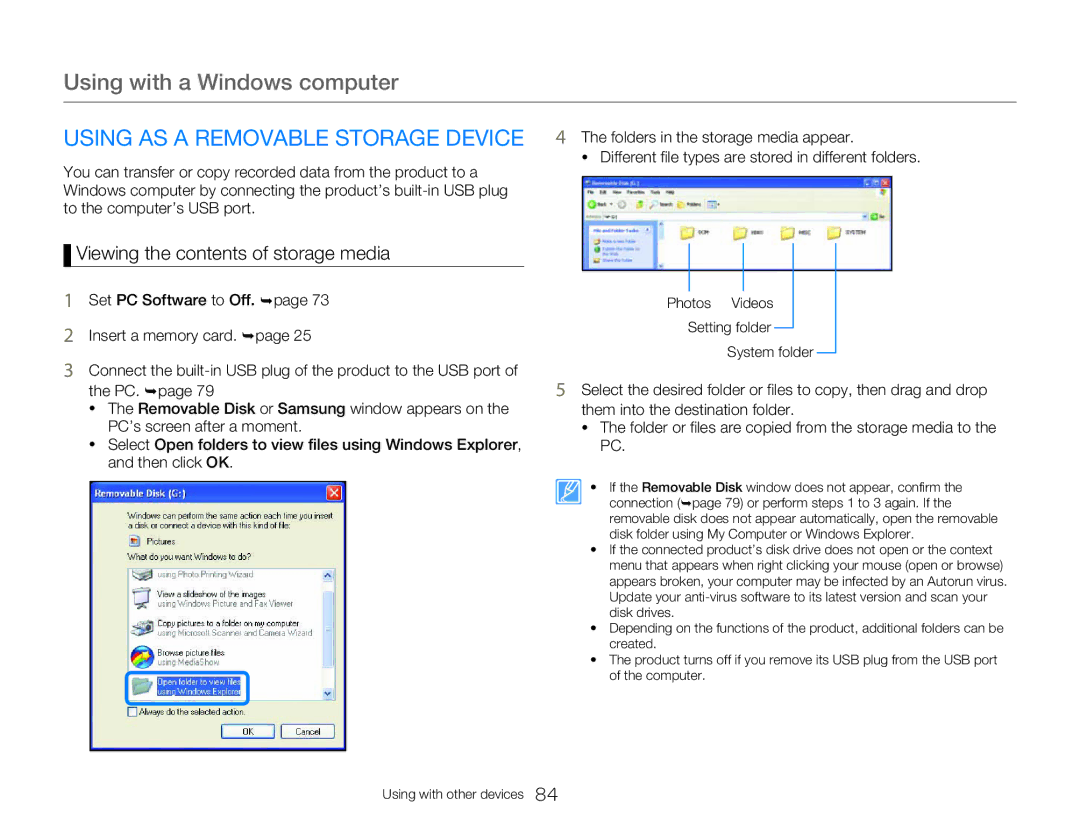 Samsung HMX-W300BP user manual Using AS a Removable Storage Device, Viewing the contents of storage media 