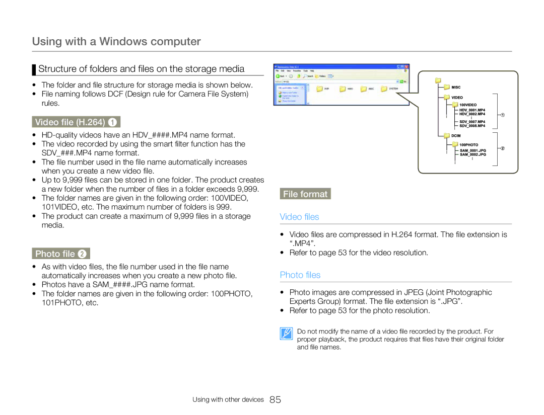 Samsung HMX-W300BP Structure of folders and files on the storage media, Video file H.264, Photo file, File format 