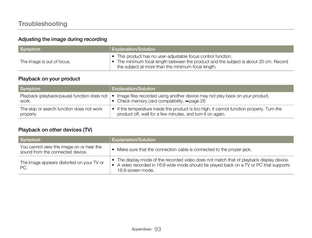 Samsung HMX-W300BP user manual Adjusting the image during recording, Playback on your product, Playback on other devices TV 