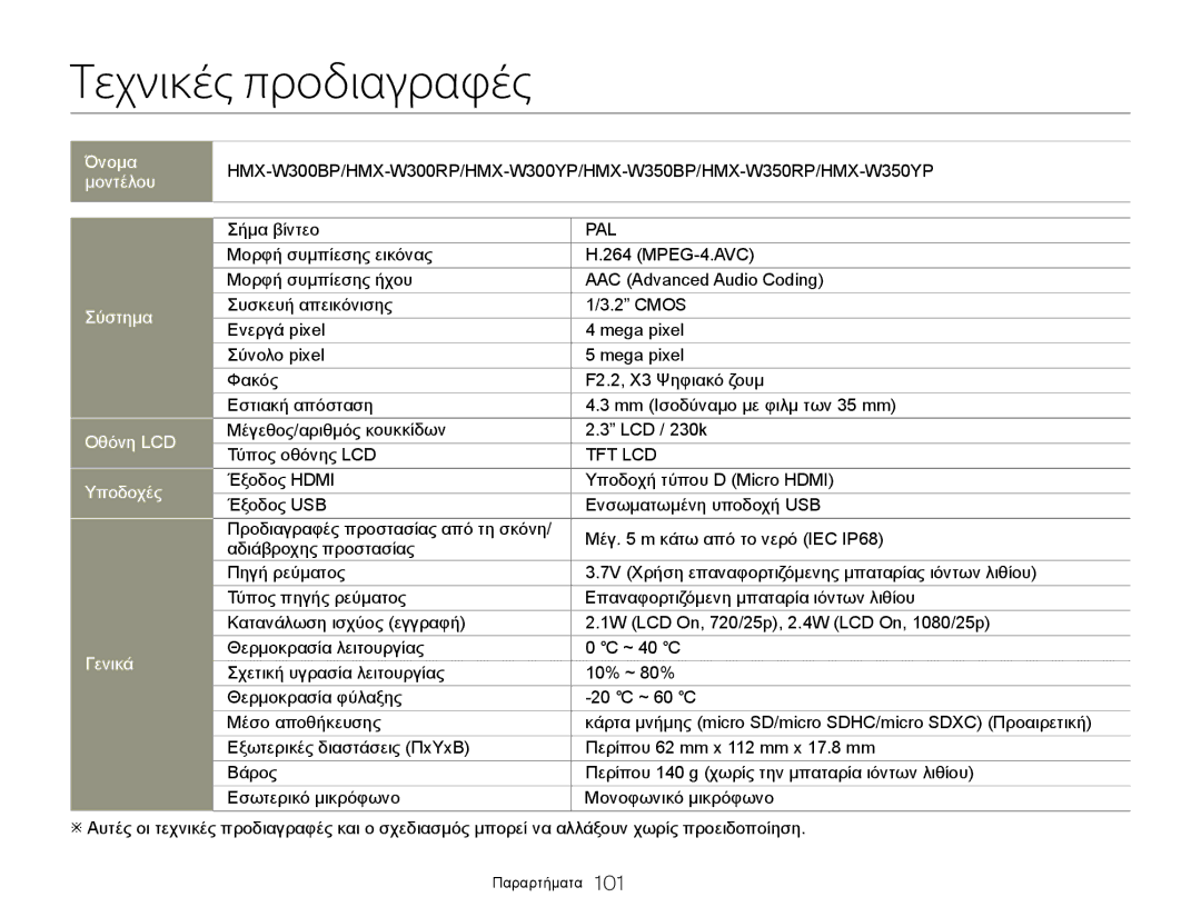 Samsung HMX-W300YP/EDC, HMX-W300BP/EDC manual Τεχνικές προδιαγραφές, Σήμα βίντεο 