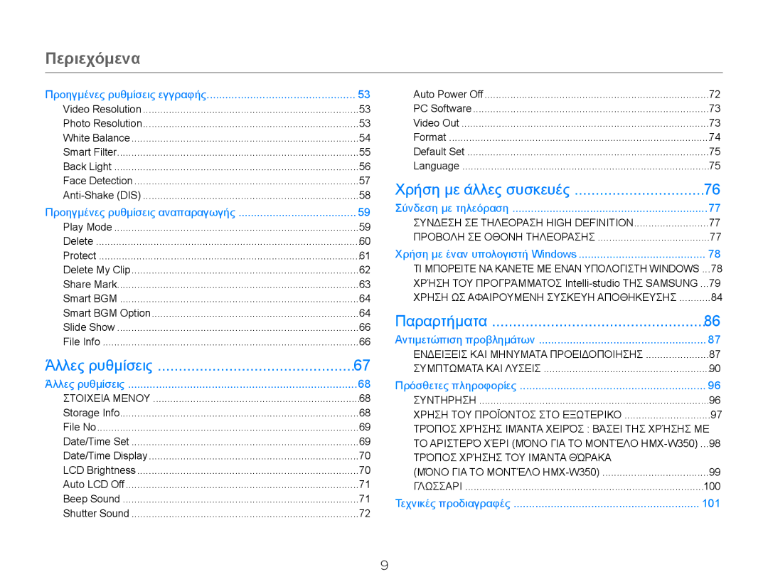 Samsung HMX-W300YP/EDC, HMX-W300BP/EDC manual Περιεχόμενα, 100, 101 