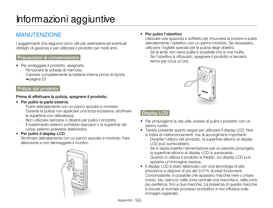 Samsung HMX-W300RP/EDC manual Informazioni aggiuntive, Manutenzione, Precauzioni di conservazione, Pulizia del prodotto 